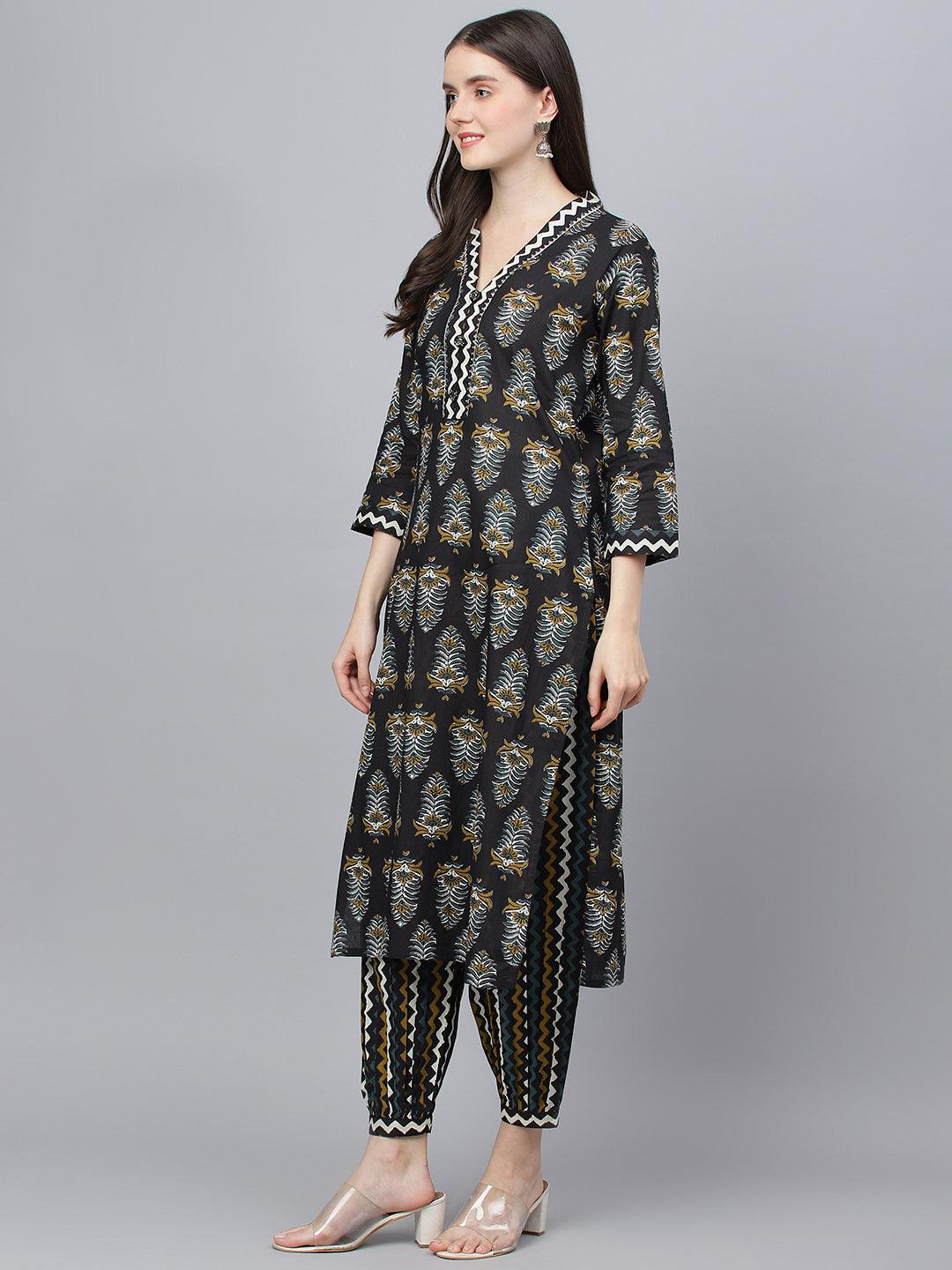 Jamal Jamaloo Black Cotton Straight Kurta Hem Cuffed Pant set - Jamal Jamaloo