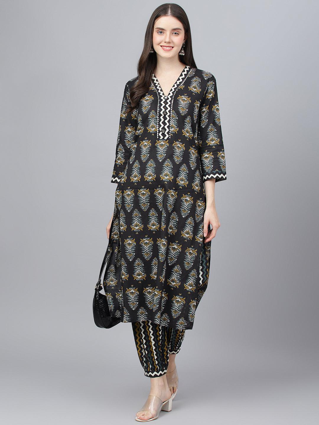 Jamal Jamaloo Black Cotton Straight Kurta Hem Cuffed Pant set - Jamal Jamaloo