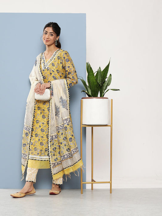 Jamal Jamaloo Yellow Pure Chanderi Kurta Pant Set with Dupatta - Jamal Jamaloo
