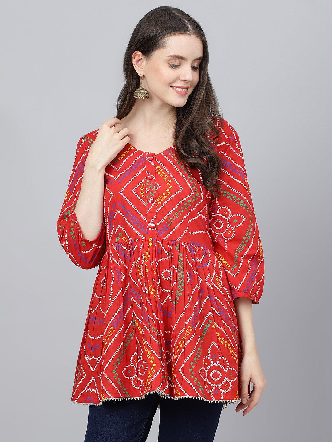 Jamal Jamaloo Red Bandhani Printed Cotton Peplum Top - Jamal Jamaloo