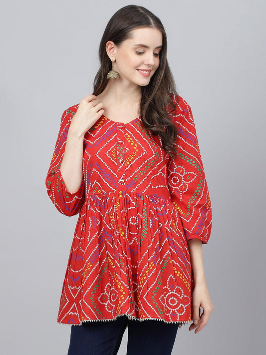 Jamal Jamaloo Red Bandhani Printed Cotton Peplum Top - Jamal Jamaloo