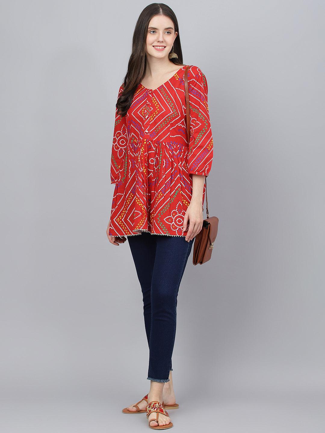 Jamal Jamaloo Red Bandhani Printed Cotton Peplum Top - Jamal Jamaloo