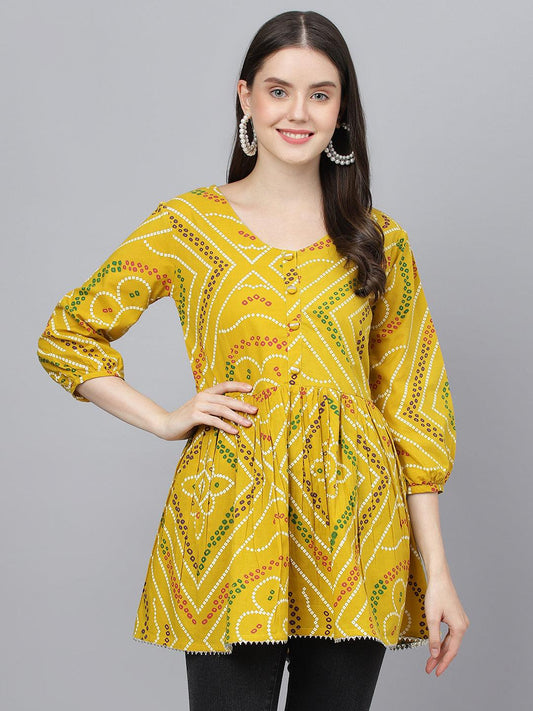 Jamal Jamaloo Mustard Bandhani Printed Cotton Peplum Top - Jamal Jamaloo