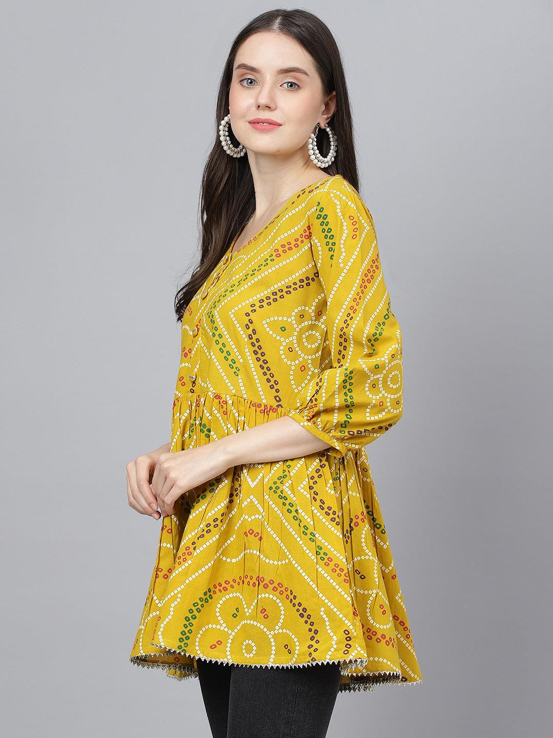 Jamal Jamaloo Mustard Bandhani Printed Cotton Peplum Top - Jamal Jamaloo