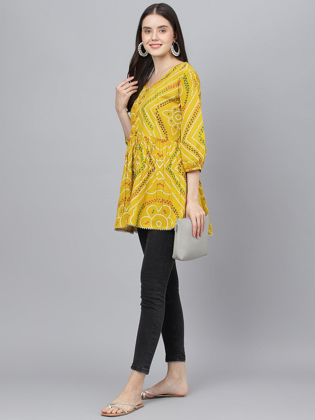 Jamal Jamaloo Mustard Bandhani Printed Cotton Peplum Top - Jamal Jamaloo