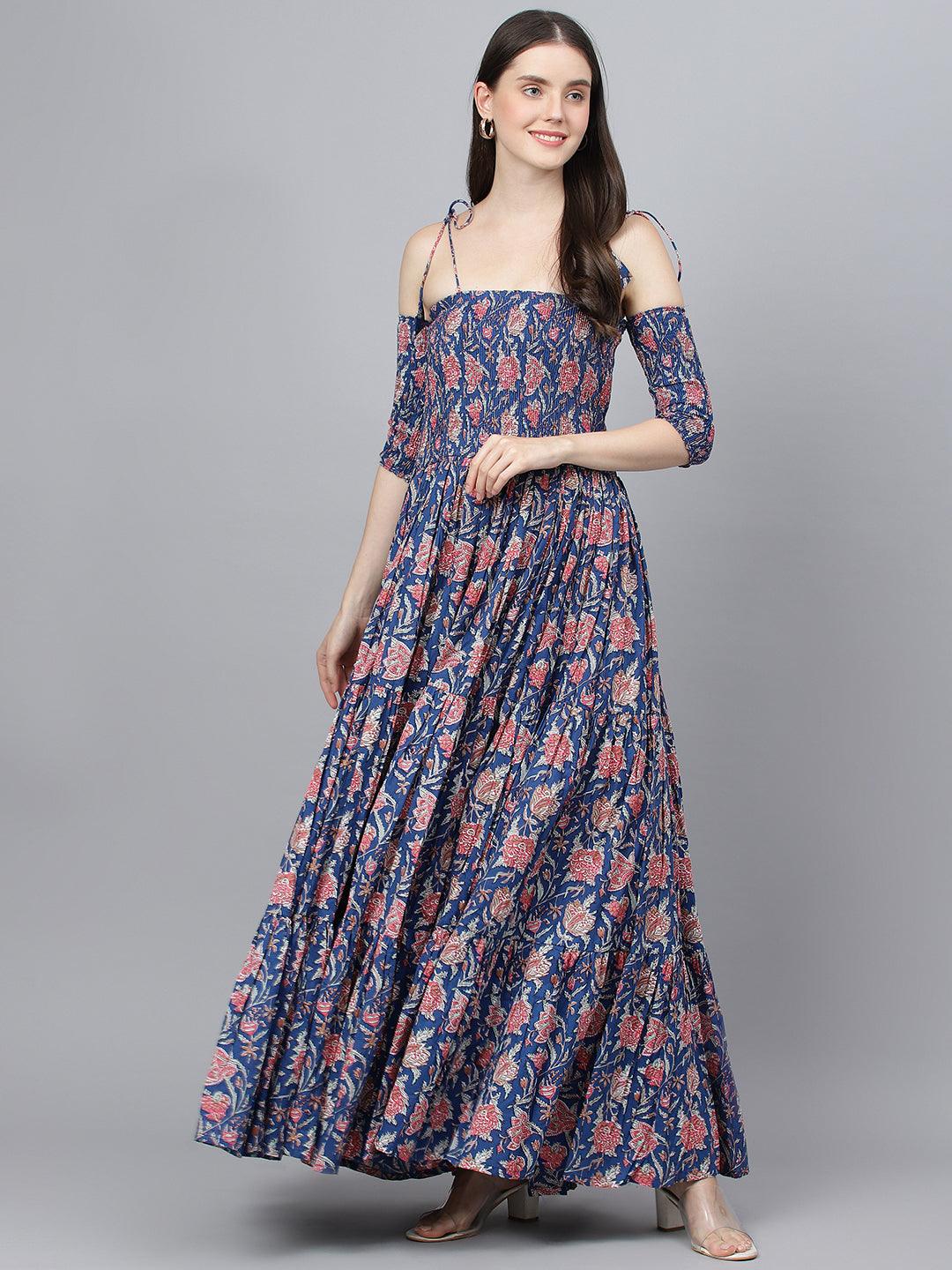Jamal Jamaloo Blue Floral Printed Shoulder Strips Flared Long Dress - Jamal Jamaloo