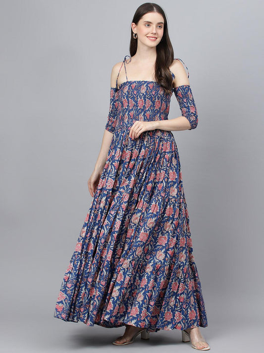 Jamal Jamaloo Blue Floral Printed Shoulder Strips Flared Long Dress - Jamal Jamaloo