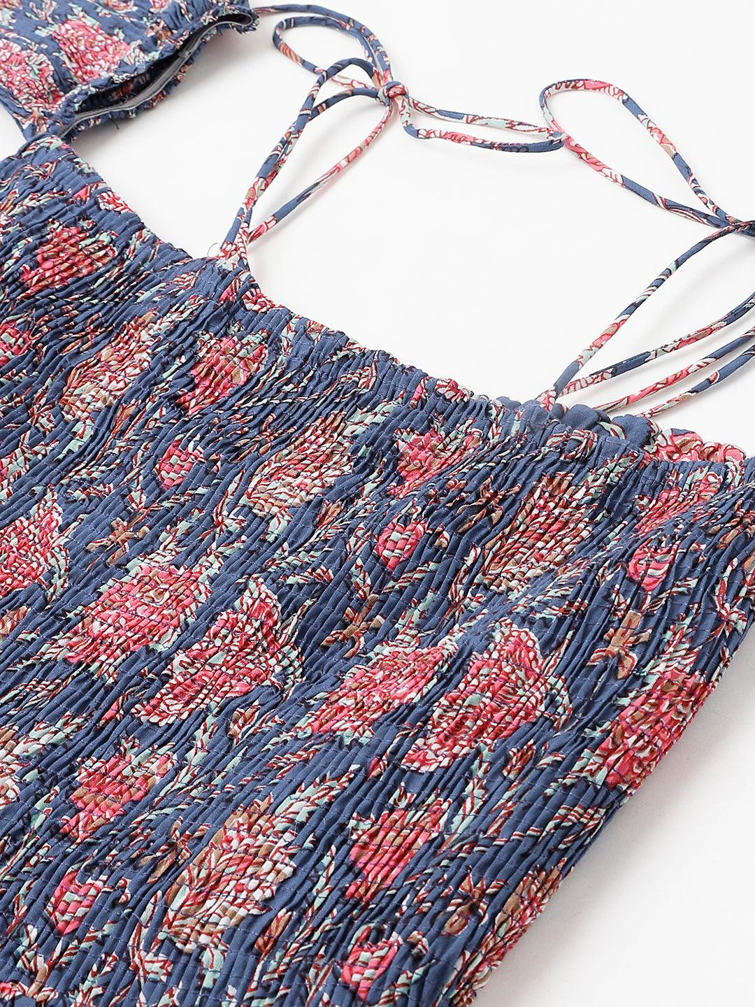 Jamal Jamaloo Blue Floral Printed Shoulder Strips Flared Long Dress - Jamal Jamaloo
