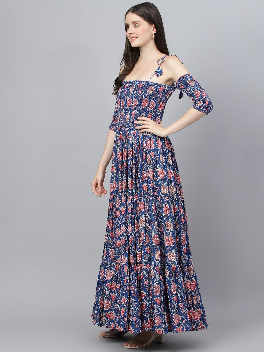 Jamal Jamaloo Blue Floral Printed Shoulder Strips Flared Long Dress - Jamal Jamaloo