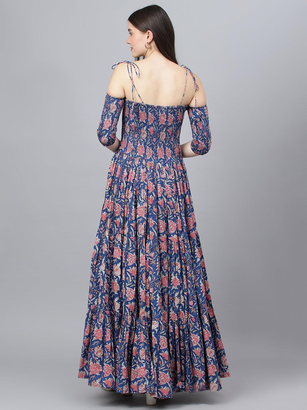 Jamal Jamaloo Blue Floral Printed Shoulder Strips Flared Long Dress - Jamal Jamaloo