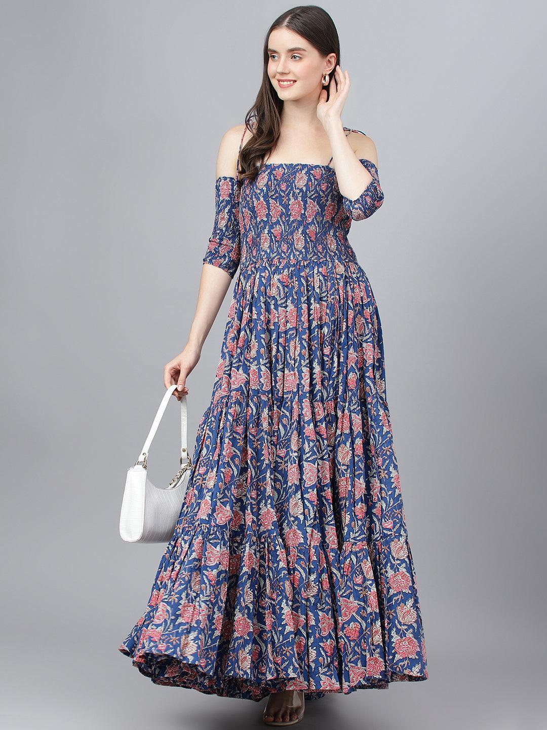 Jamal Jamaloo Blue Floral Printed Shoulder Strips Flared Long Dress - Jamal Jamaloo