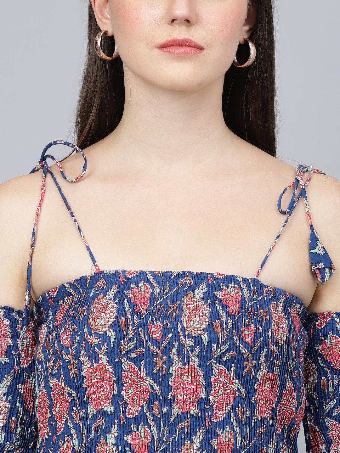 Jamal Jamaloo Blue Floral Printed Shoulder Strips Flared Long Dress - Jamal Jamaloo