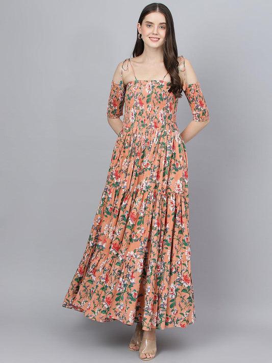 Jamal Jamaloo Peach Floral Printed Shoulder Strips Flared Long Dress - Jamal Jamaloo