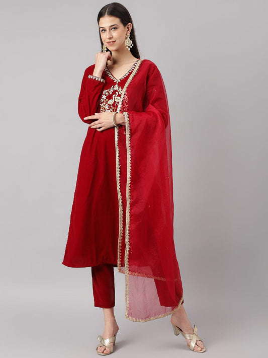 Jamal Jamaloo Maroon Solid Valvet hand work Kurta pant With Organza Dupatta set - Jamal Jamaloo