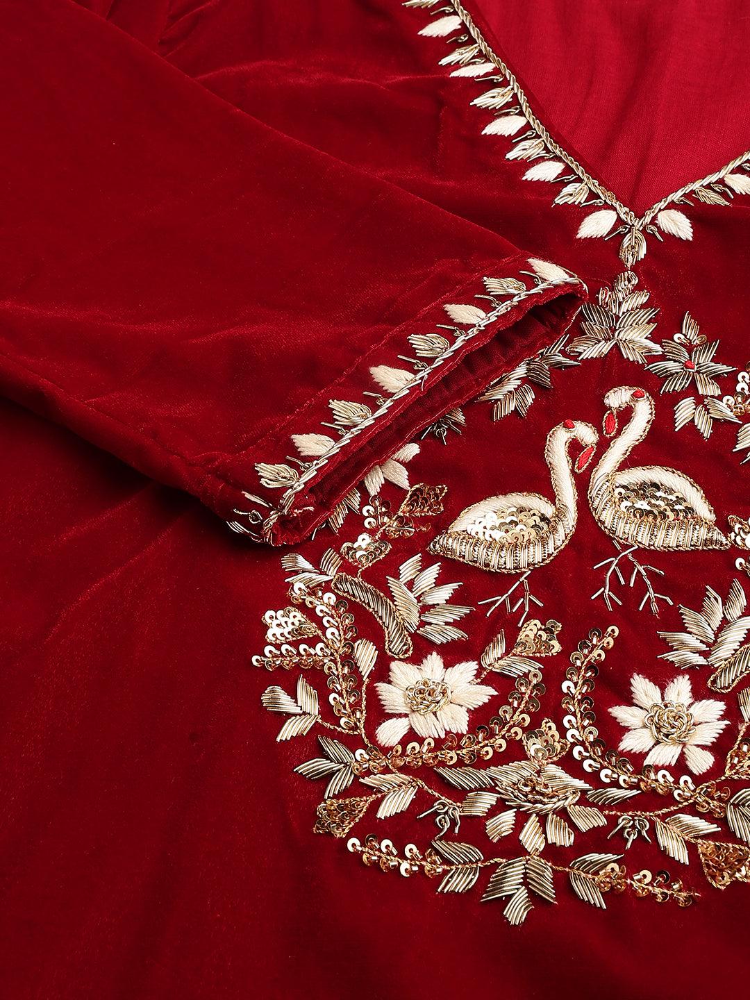 Jamal Jamaloo Maroon Solid Valvet hand work Kurta pant With Organza Dupatta set - Jamal Jamaloo