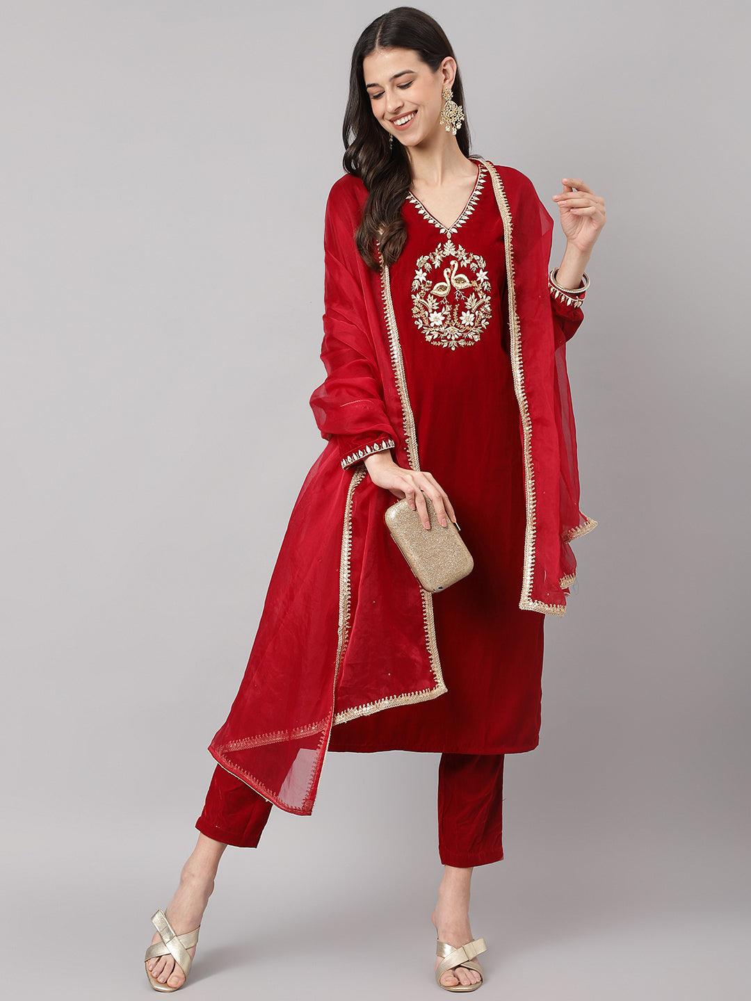 Jamal Jamaloo Maroon Solid Valvet hand work Kurta pant With Organza Dupatta set - Jamal Jamaloo