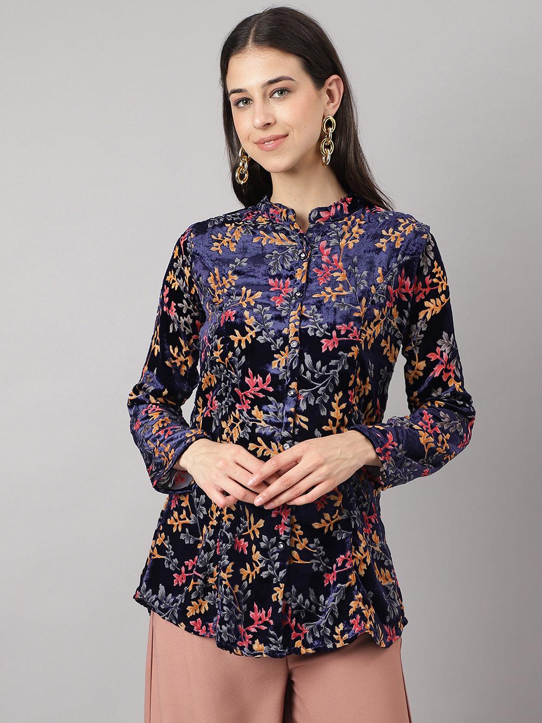 Jamal Jamaloo Blue Floral Burn out Valvet A-line Shirts Style Top - Jamal Jamaloo