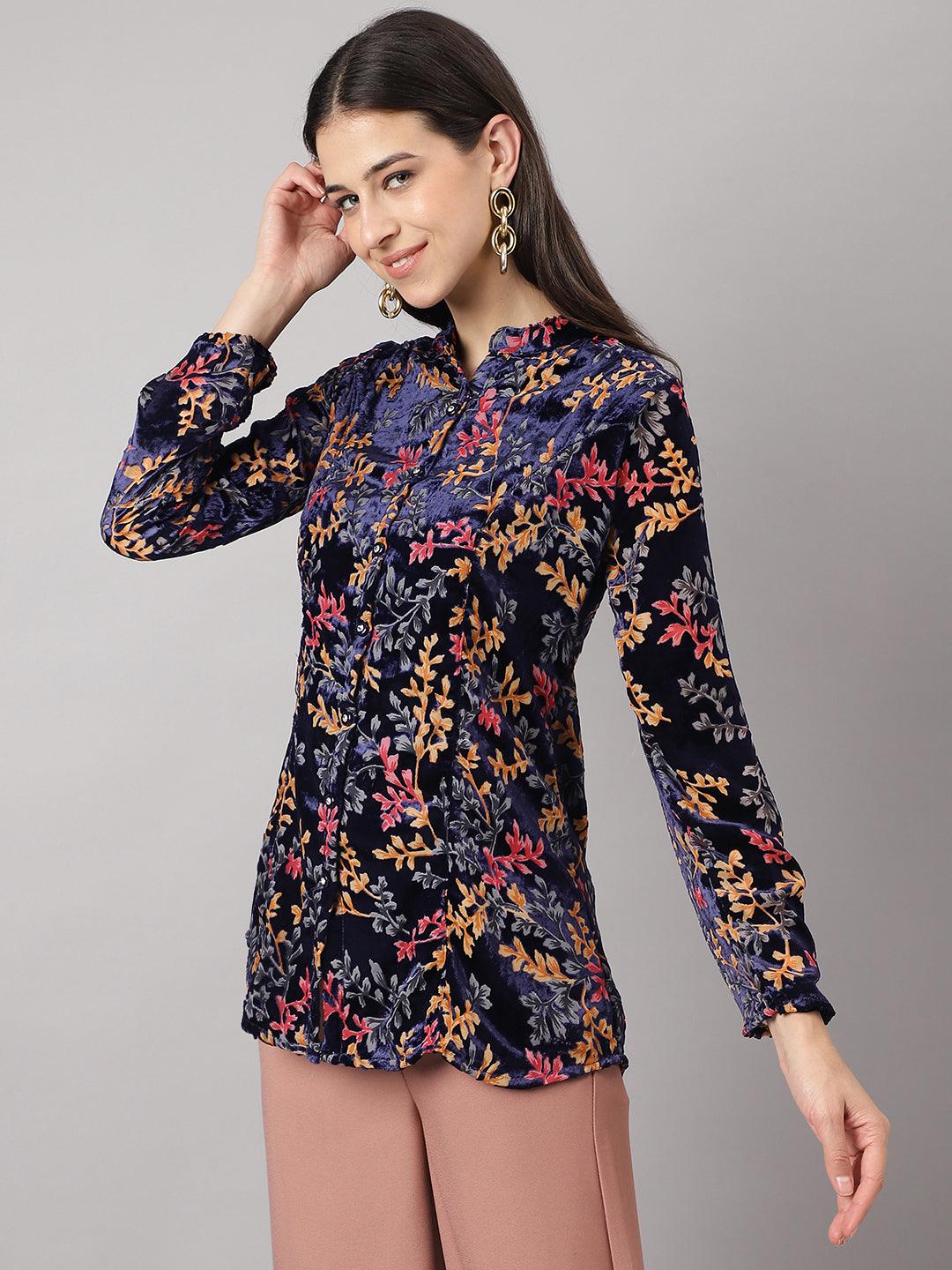 Jamal Jamaloo Blue Floral Burn out Valvet A-line Shirts Style Top - Jamal Jamaloo
