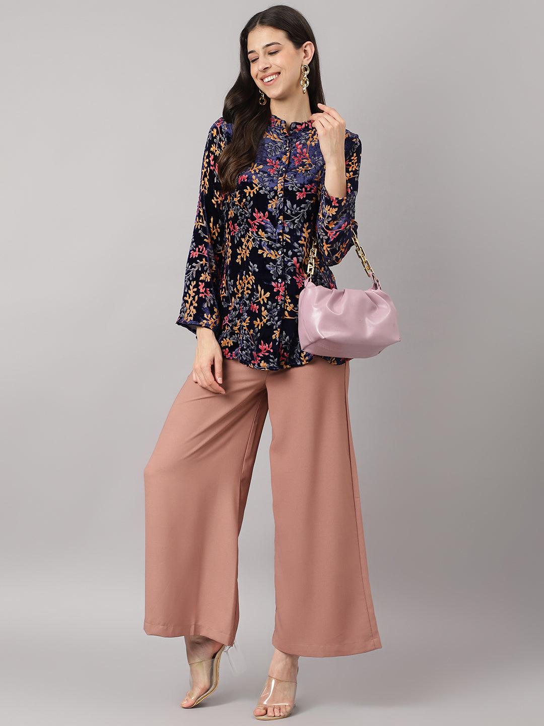 Jamal Jamaloo Blue Floral Burn out Valvet A-line Shirts Style Top - Jamal Jamaloo