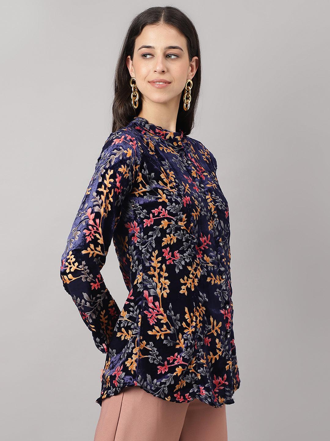 Jamal Jamaloo Blue Floral Burn out Valvet A-line Shirts Style Top - Jamal Jamaloo