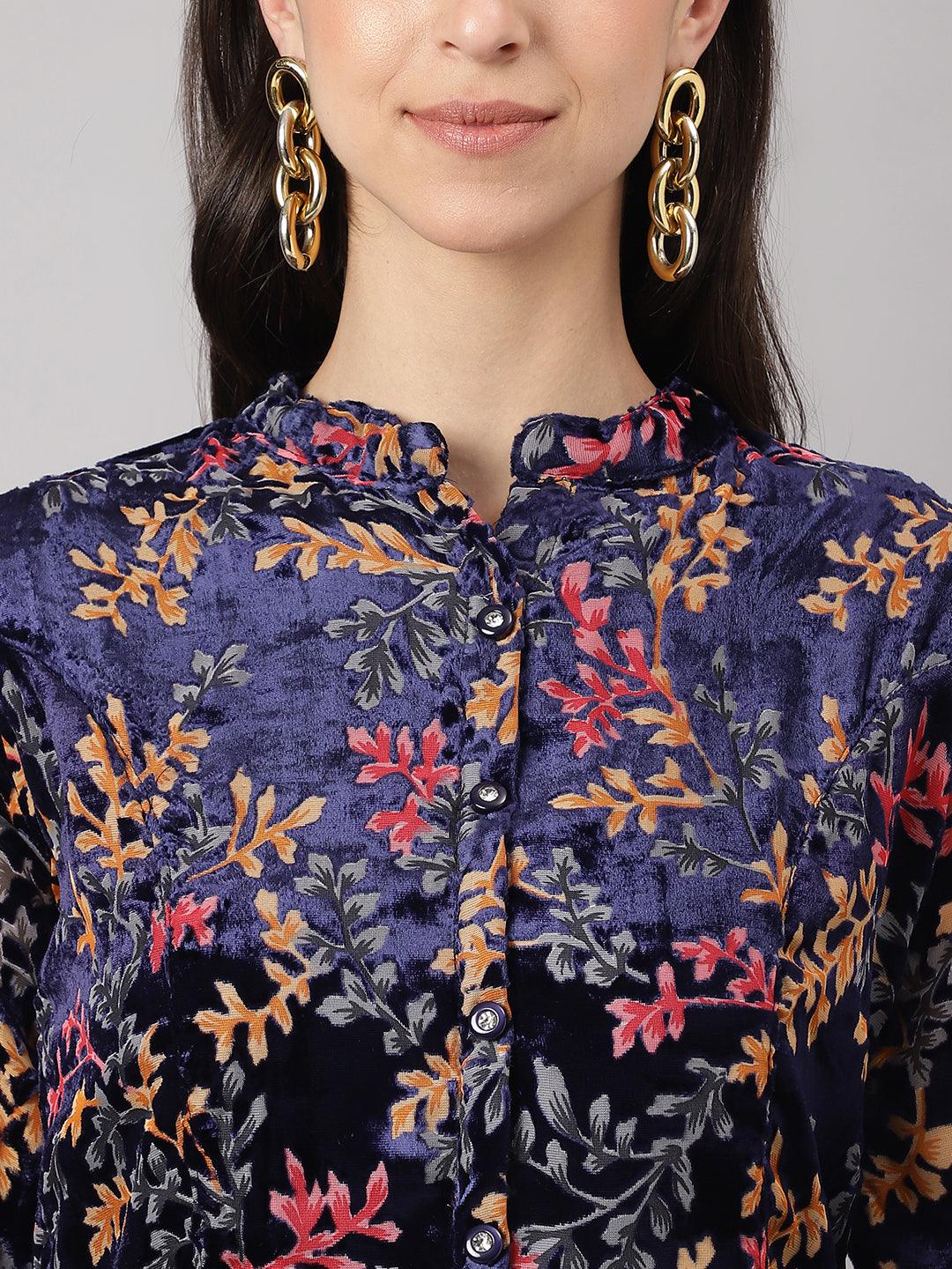Jamal Jamaloo Blue Floral Burn out Valvet A-line Shirts Style Top - Jamal Jamaloo