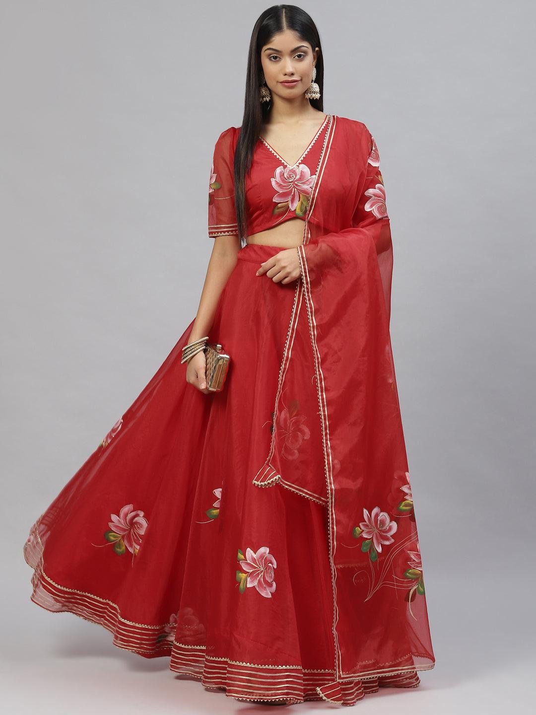 Jamal Jamaloo Red Hand Painted Organza Flared Lehenga Choli Set with Organza Dupatta - Jamal Jamaloo