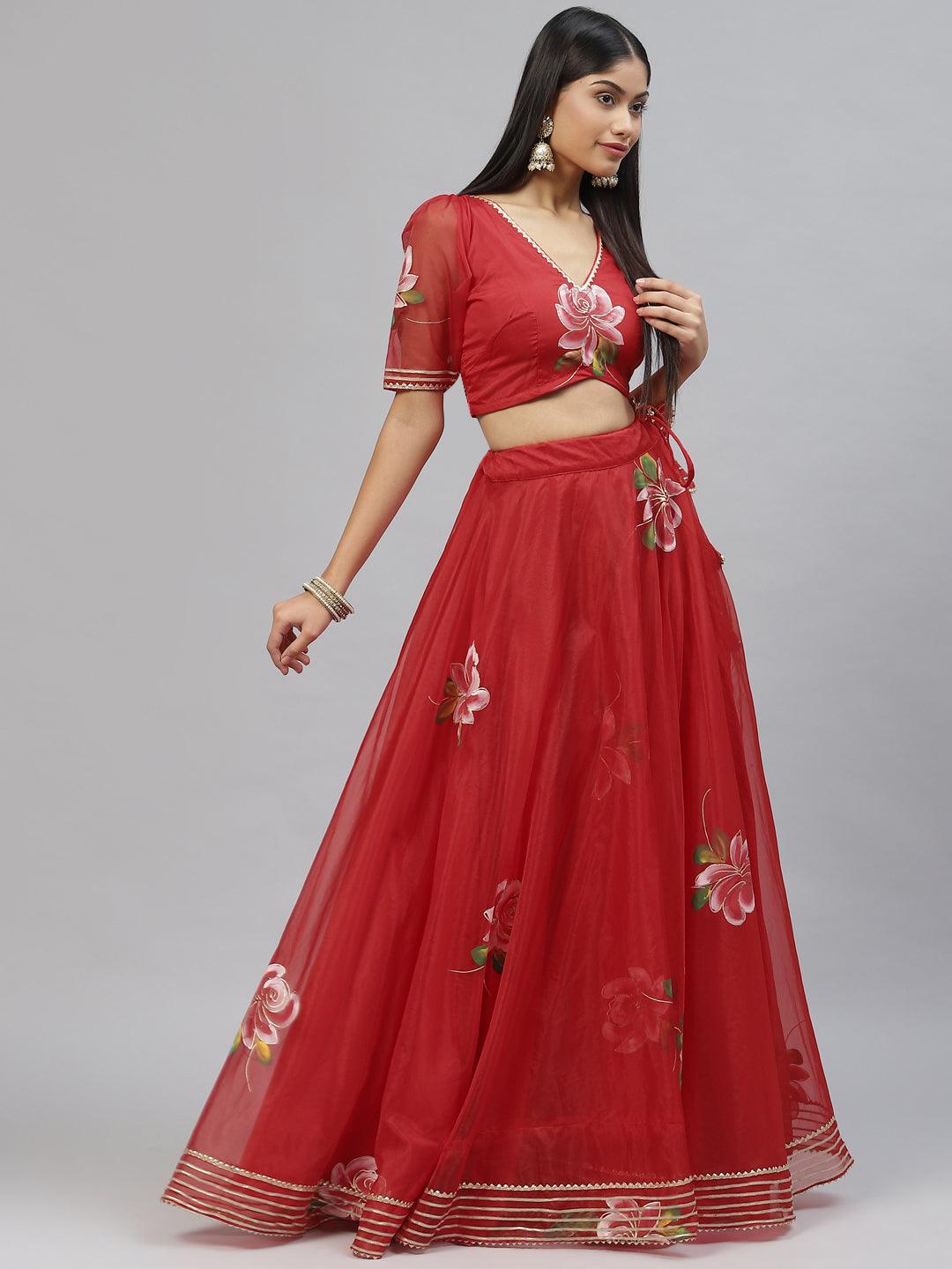 Jamal Jamaloo Red Hand Painted Organza Flared Lehenga Choli Set with Organza Dupatta - Jamal Jamaloo