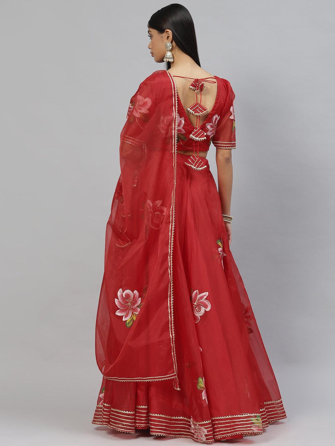 Jamal Jamaloo Red Hand Painted Organza Flared Lehenga Choli Set with Organza Dupatta - Jamal Jamaloo