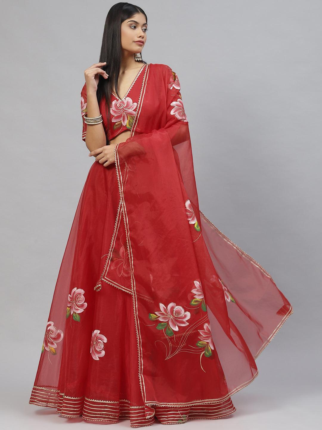 Jamal Jamaloo Red Hand Painted Organza Flared Lehenga Choli Set with Organza Dupatta - Jamal Jamaloo