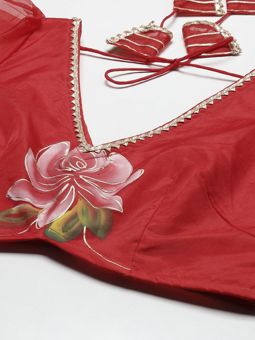 Jamal Jamaloo Red Hand Painted Organza Flared Lehenga Choli Set with Organza Dupatta - Jamal Jamaloo