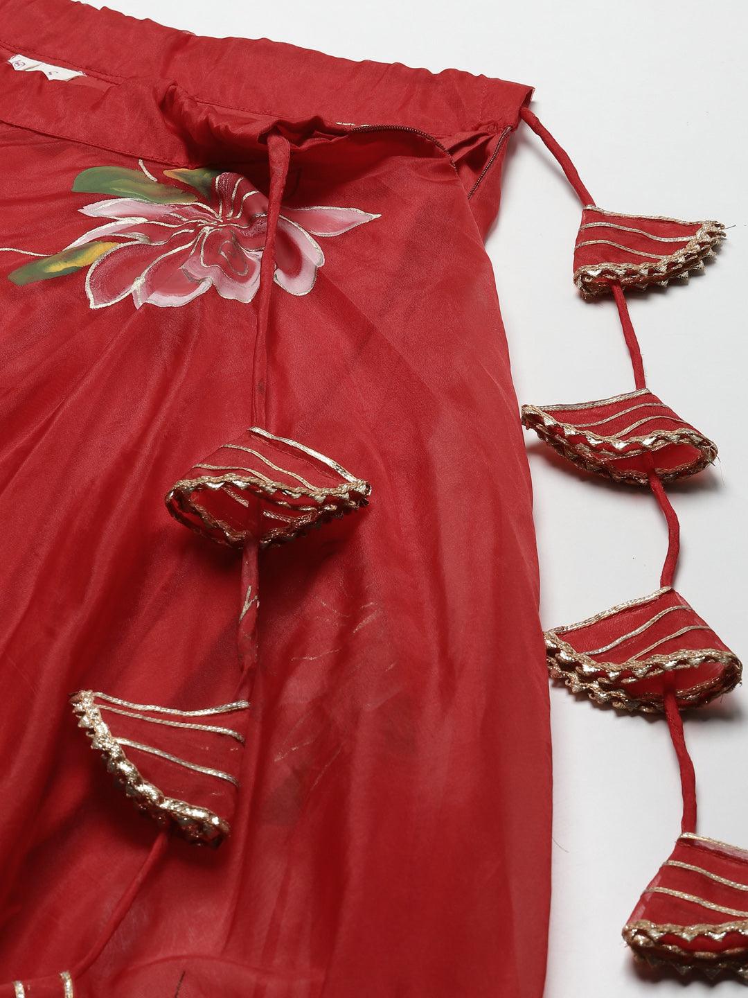 Jamal Jamaloo Red Hand Painted Organza Flared Lehenga Choli Set with Organza Dupatta - Jamal Jamaloo