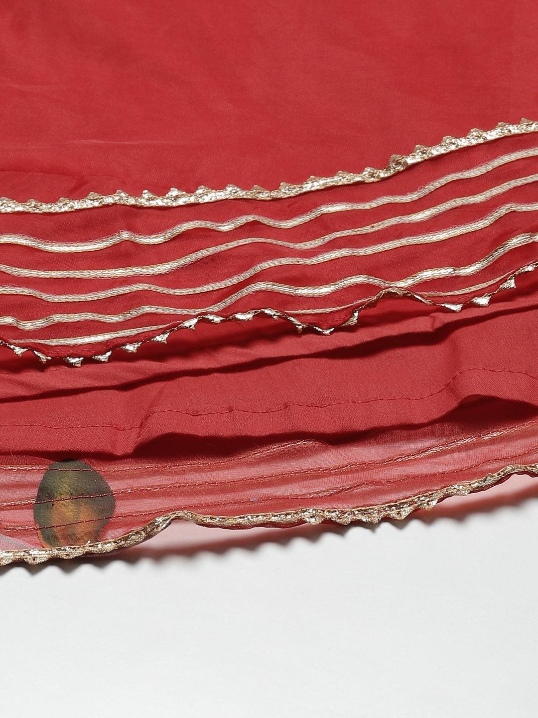 Jamal Jamaloo Red Hand Painted Organza Flared Lehenga Choli Set with Organza Dupatta - Jamal Jamaloo