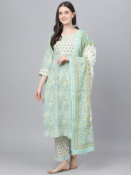 Jamal Jamaloo Mint Green Floral Printed Kurta Pant set With Dupatta - Jamal Jamaloo