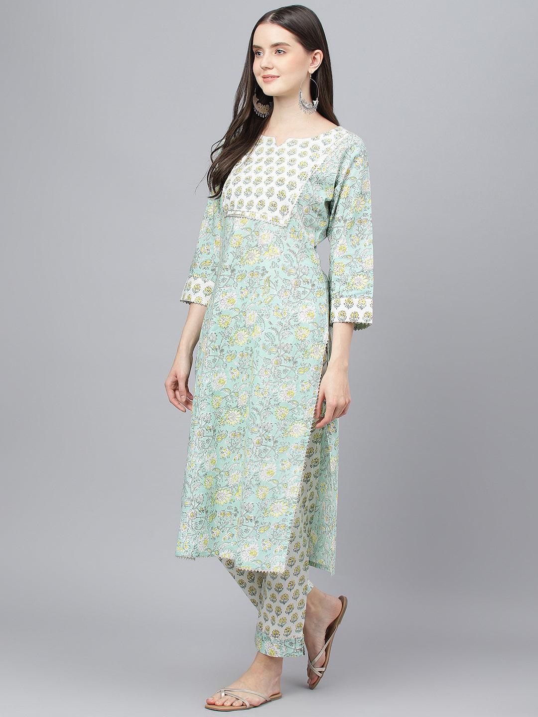 Jamal Jamaloo Mint Green Floral Printed Kurta Pant set With Dupatta - Jamal Jamaloo
