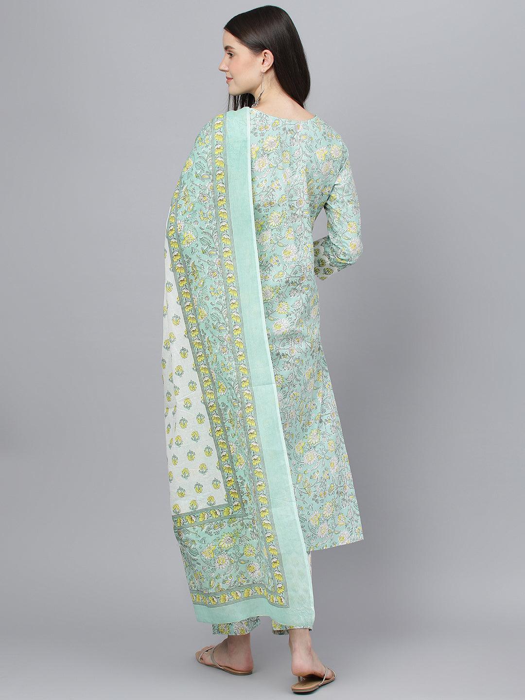 Jamal Jamaloo Mint Green Floral Printed Kurta Pant set With Dupatta - Jamal Jamaloo