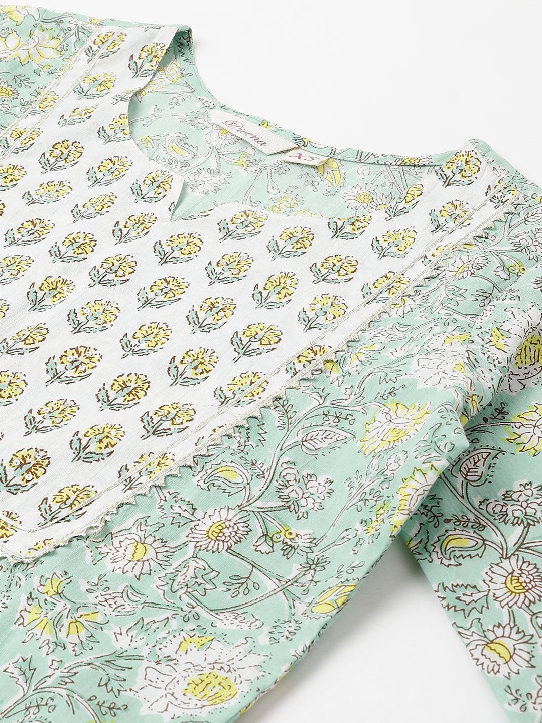 Jamal Jamaloo Mint Green Floral Printed Kurta Pant set With Dupatta - Jamal Jamaloo