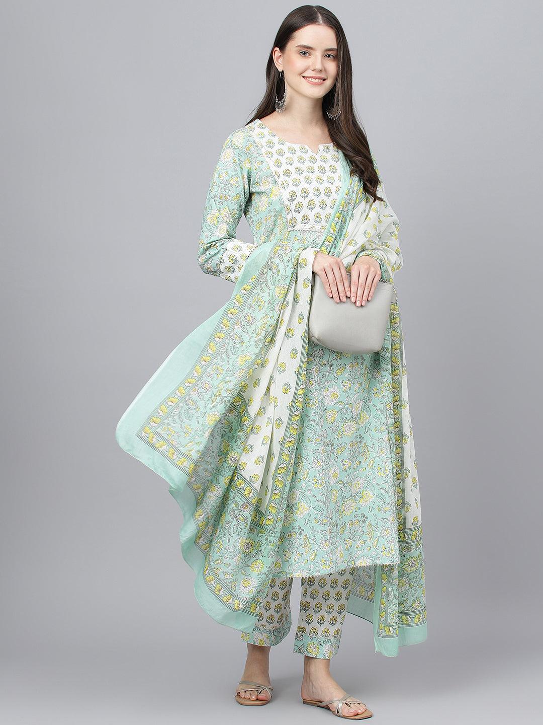 Jamal Jamaloo Mint Green Floral Printed Kurta Pant set With Dupatta - Jamal Jamaloo