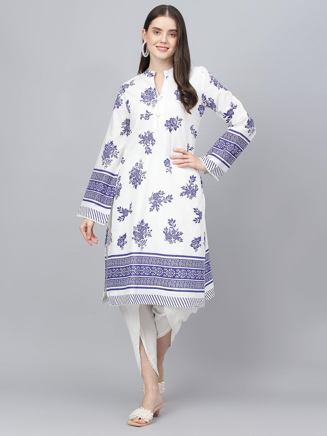 Jamal Jamaloo White Floral Printed Straight Kurta With tulip pant - Jamal Jamaloo