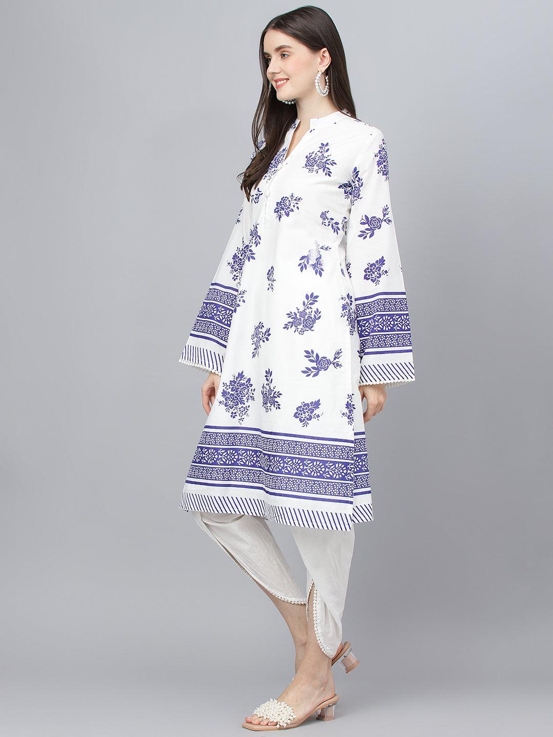 Jamal Jamaloo White Floral Printed Straight Kurta With tulip pant - Jamal Jamaloo