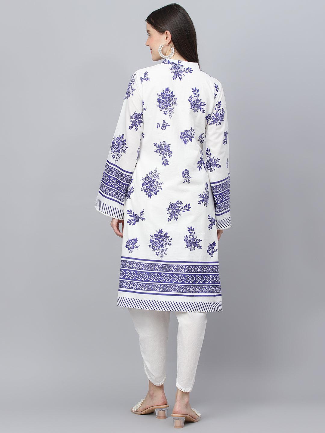 Jamal Jamaloo White Floral Printed Straight Kurta With tulip pant - Jamal Jamaloo