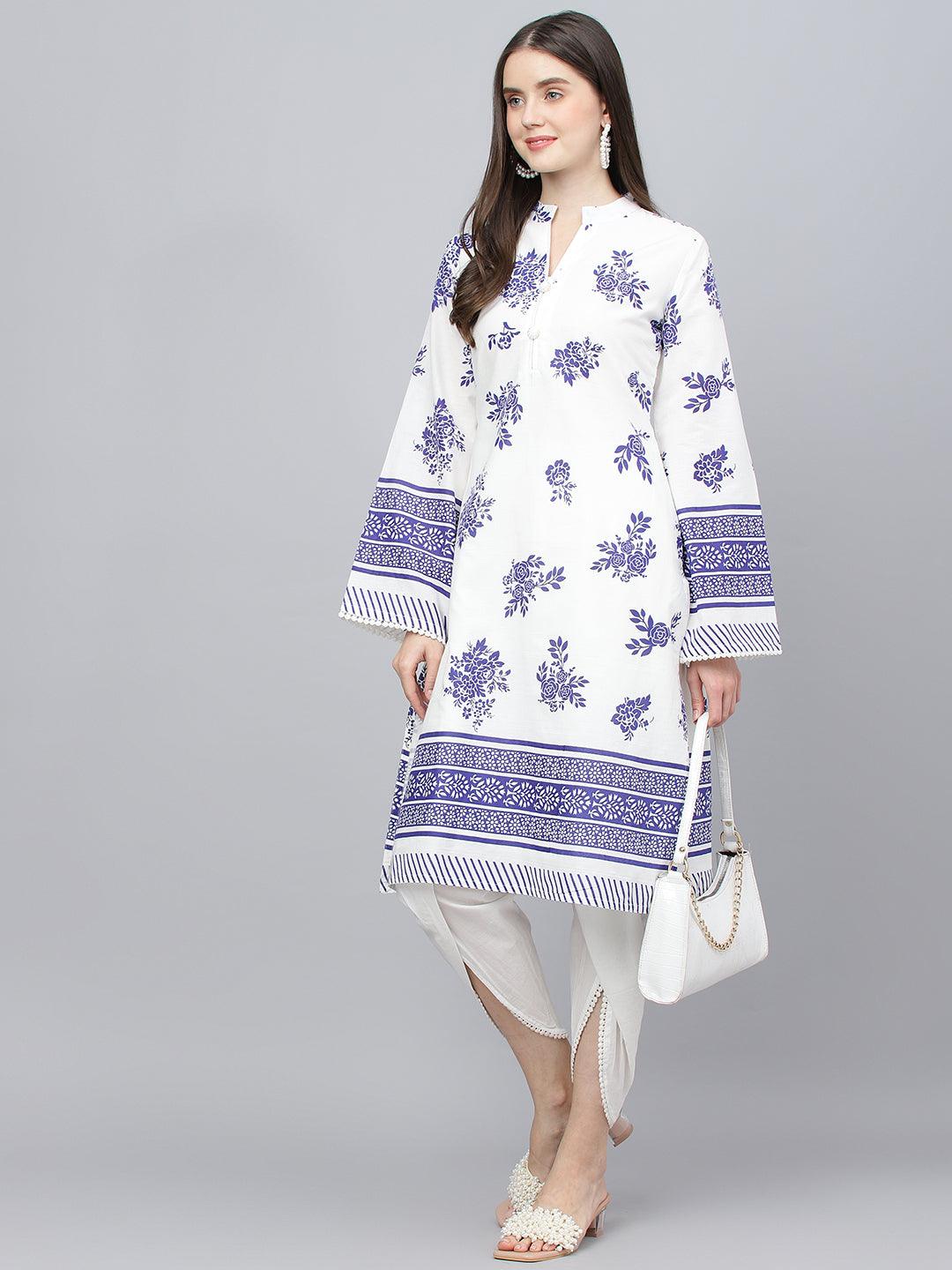 Jamal Jamaloo White Floral Printed Straight Kurta With tulip pant - Jamal Jamaloo