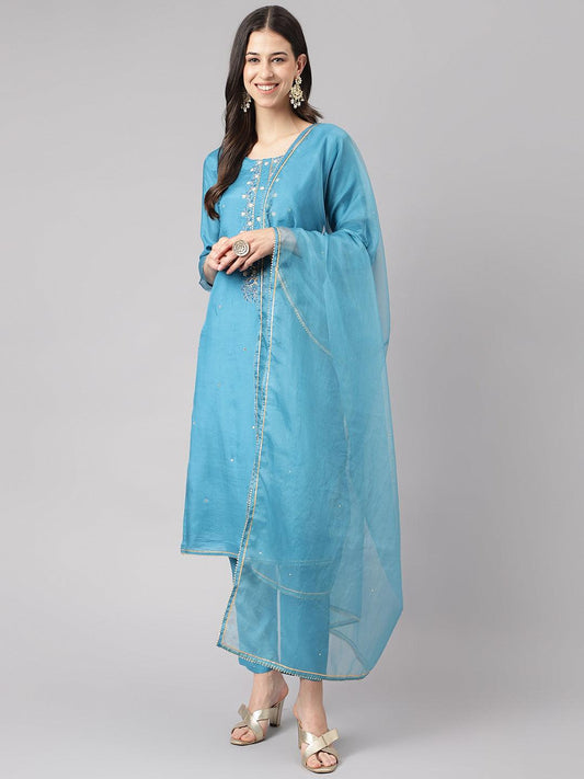 Jamal Jamaloo Teal Blue Muslin Embroidary Kurta pant Set with Organza Dupatta - Jamal Jamaloo