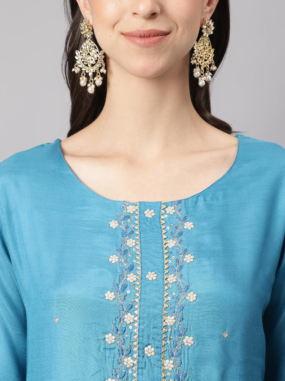 Jamal Jamaloo Teal Blue Muslin Embroidary Kurta pant Set with Organza Dupatta - Jamal Jamaloo