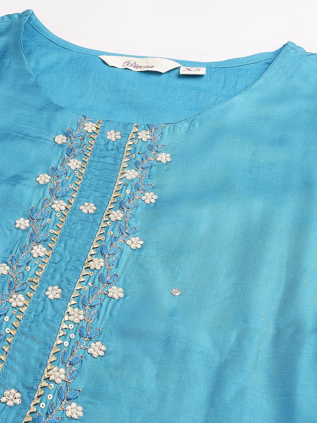Jamal Jamaloo Teal Blue Muslin Embroidary Kurta pant Set with Organza Dupatta - Jamal Jamaloo