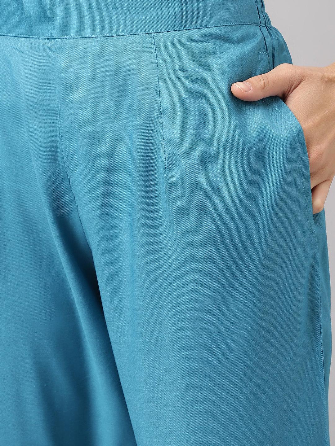 Jamal Jamaloo Teal Blue Muslin Embroidary Kurta pant Set with Organza Dupatta - Jamal Jamaloo
