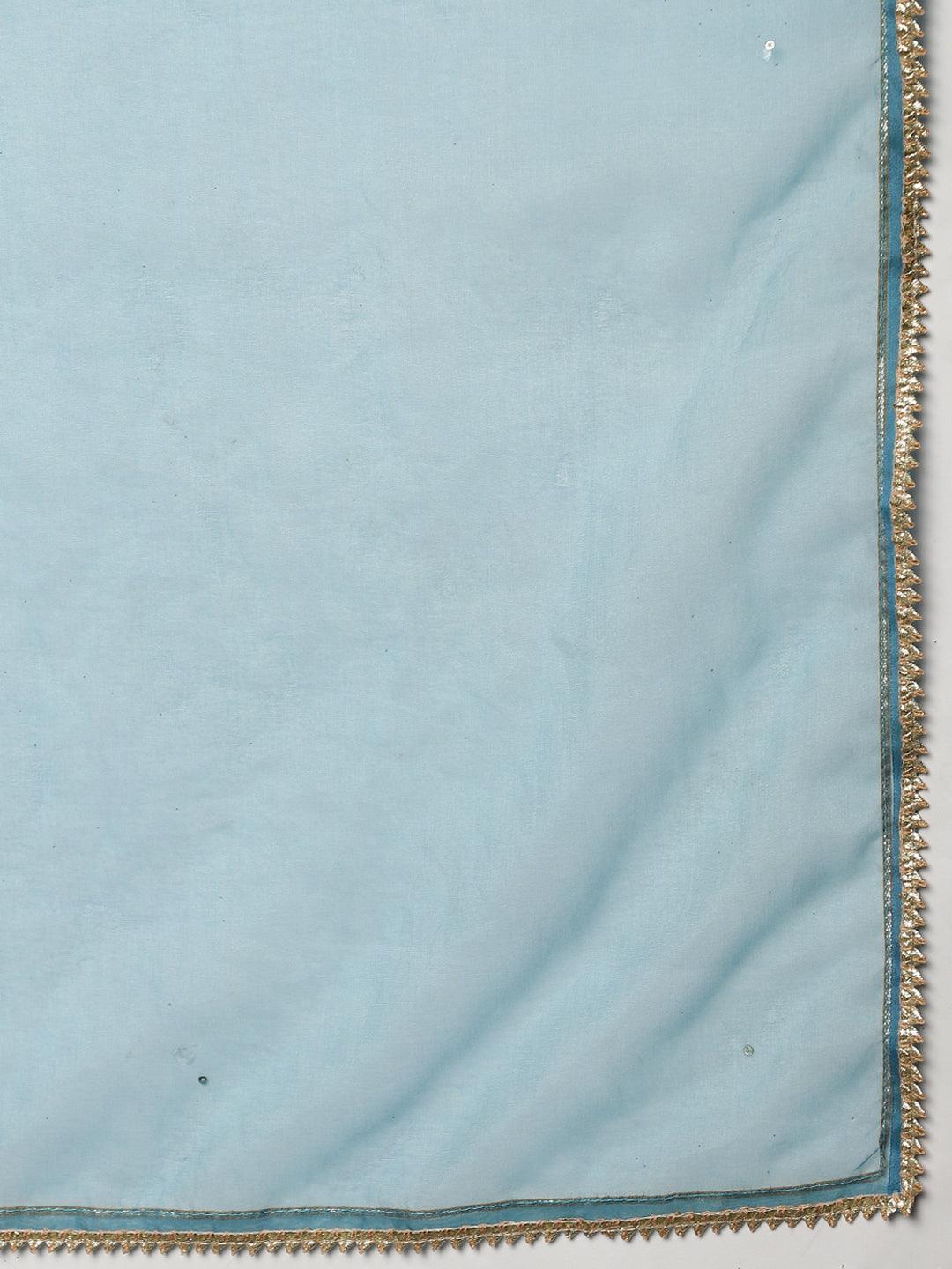 Jamal Jamaloo Teal Blue Muslin Embroidary Kurta pant Set with Organza Dupatta - Jamal Jamaloo