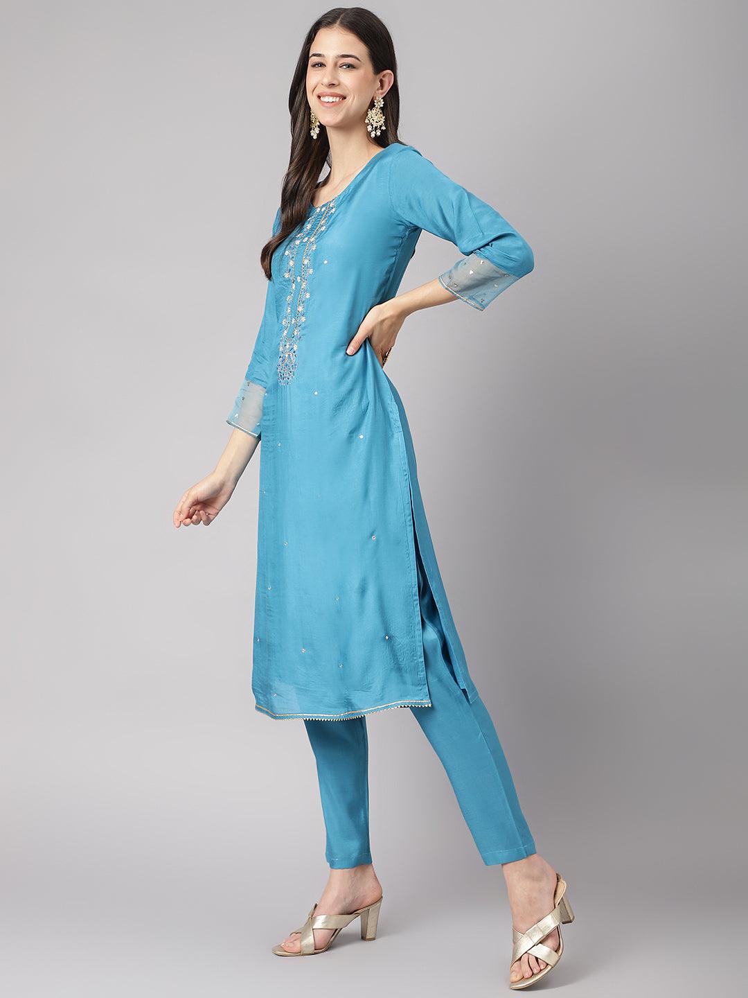 Jamal Jamaloo Teal Blue Muslin Embroidary Kurta pant Set with Organza Dupatta - Jamal Jamaloo
