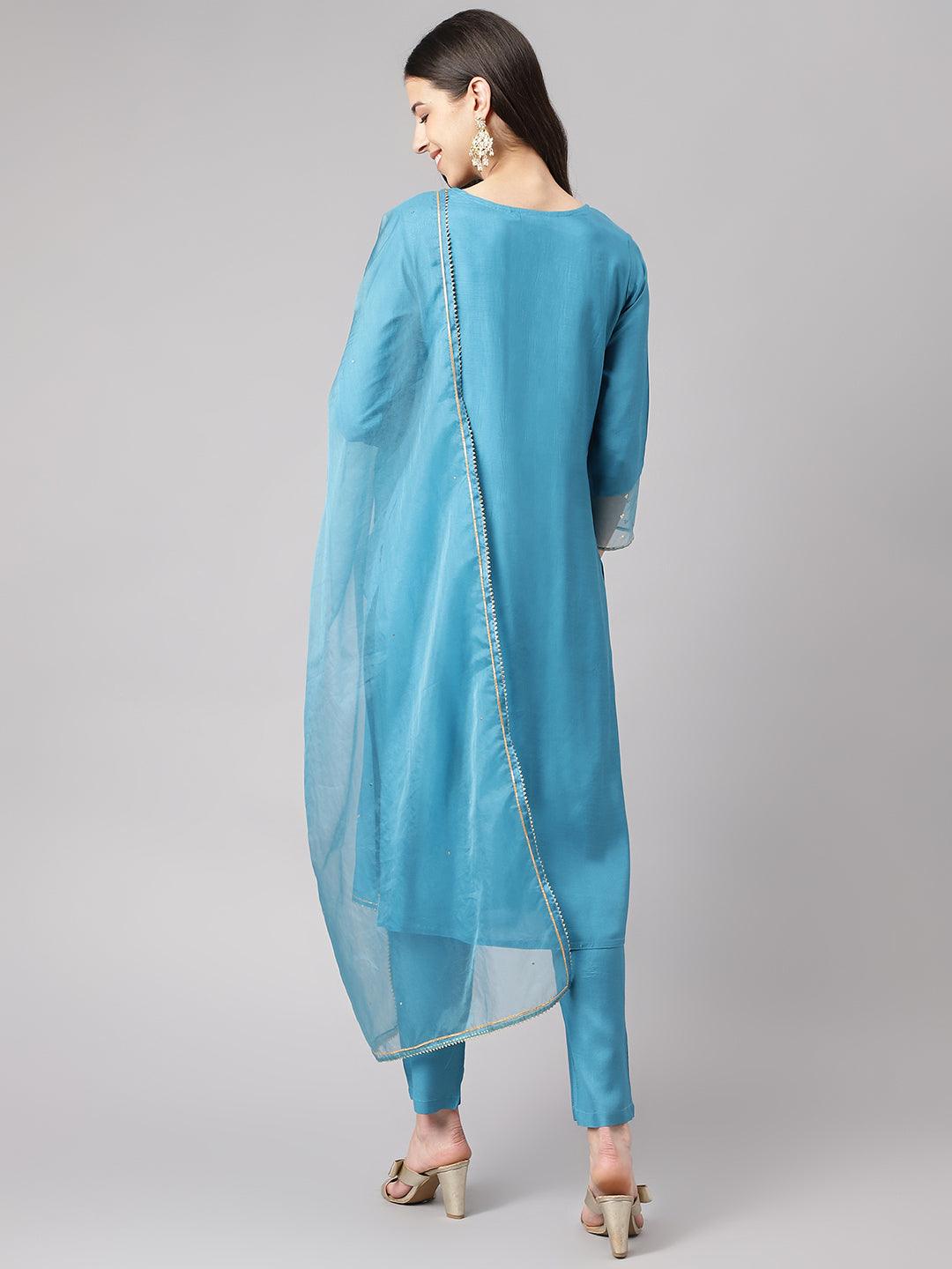 Jamal Jamaloo Teal Blue Muslin Embroidary Kurta pant Set with Organza Dupatta - Jamal Jamaloo