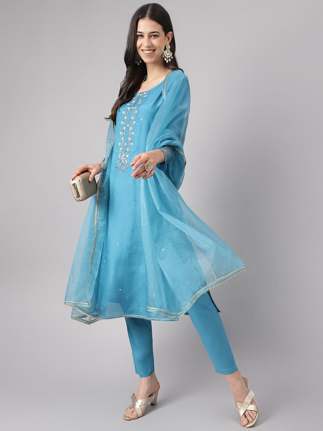 Jamal Jamaloo Teal Blue Muslin Embroidary Kurta pant Set with Organza Dupatta - Jamal Jamaloo