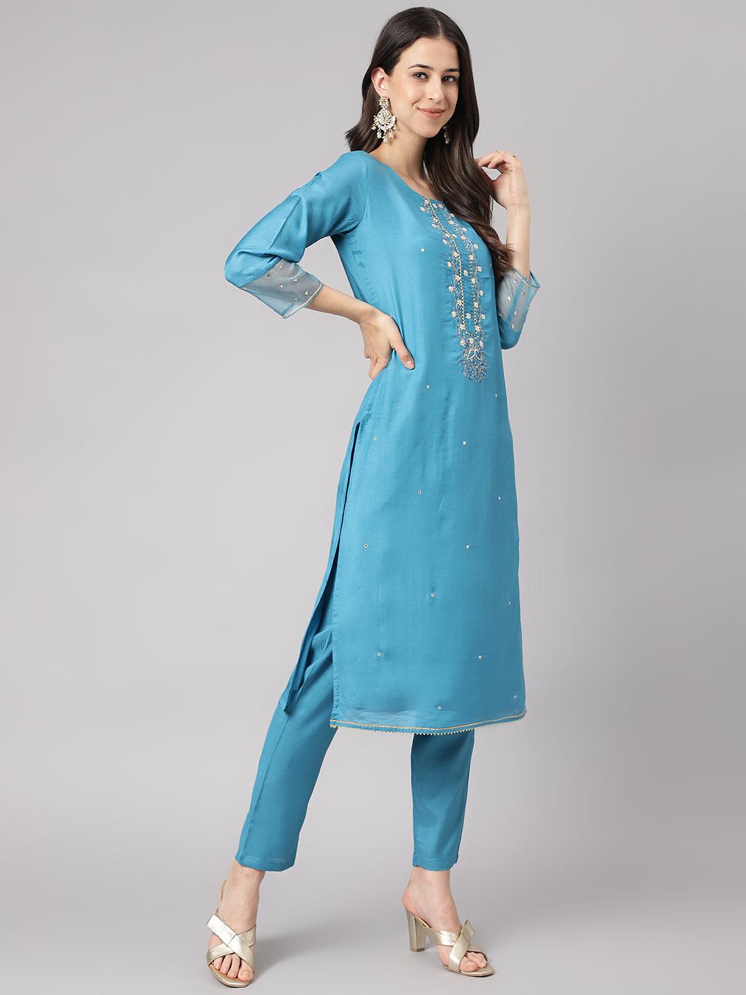 Jamal Jamaloo Teal Blue Muslin Embroidary Kurta pant Set with Organza Dupatta - Jamal Jamaloo